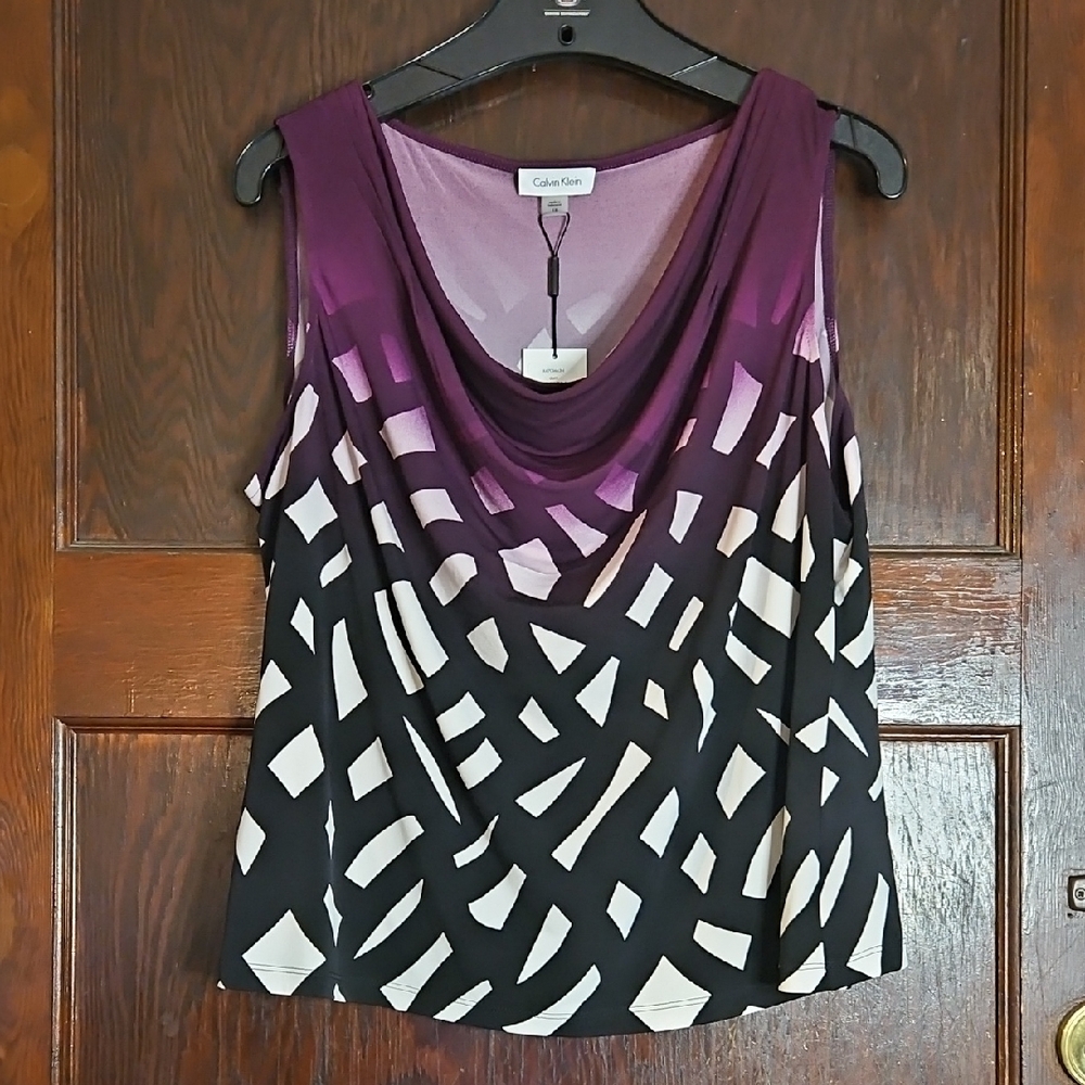 NWT Calvin Klein Purple and Black Patterned Sleeveless Blouse - Size 1X